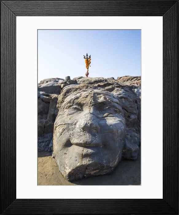 Framed Print : India, Goa, Ozran Beach known as Little Vagator Beach, Stone face of Lord Shiva carved