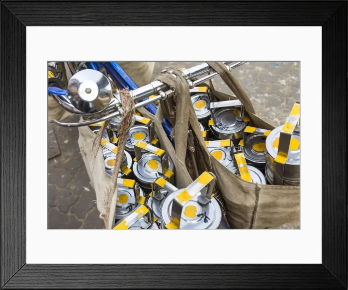 Framed Print : Tiffin lunch boxes being delivered by bicycle, Mumbai, India Framed Print : Tiffin lunch boxes being delivered by bicycle, Mumbai, India