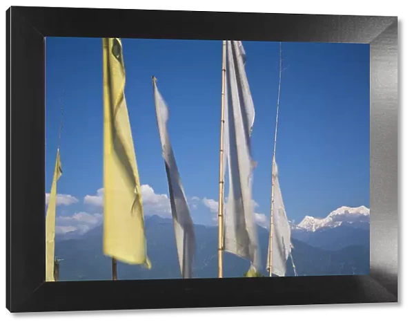 India, Sikkim, Pelling, Upper Pelling, Prayer flags and Kanchenjunga, Kangchendzonga