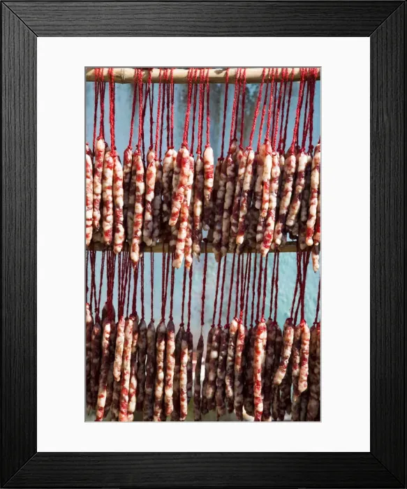 Framed Print : India, West Bengal, Kalimpong, Home-made sausages hanging to dry Framed Print : India, West Bengal, Kalimpong, Home-made sausages hanging to dry