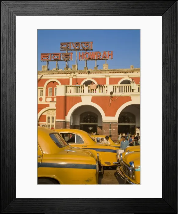 Framed Print : India, West Bengal, Kolkata, Calcutta, Yellow ambassador taxis outside Howrah train