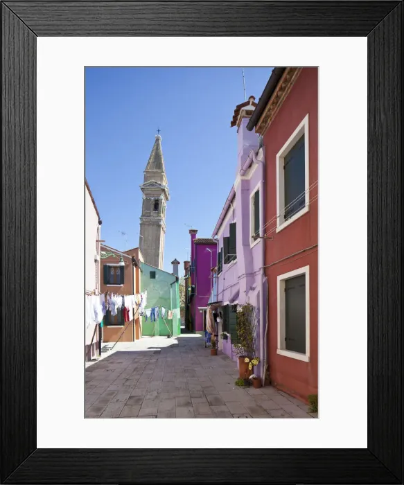 Framed Print : Campanile and colourful houses, Burano, Venice, Italy Framed Print : Campanile and colourful houses, Burano, Venice, Italy