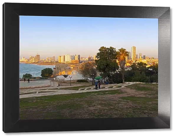 Israel, Tel Aviv, Jaffa, view of beachfront with downtown buildings