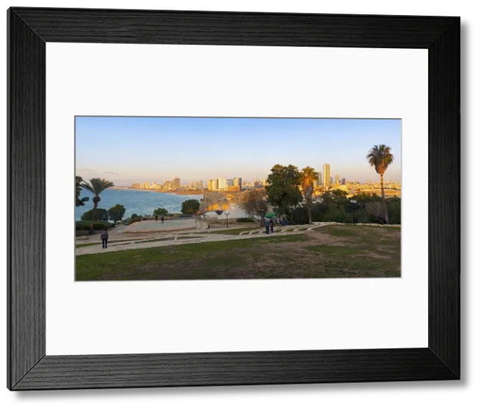 Framed Print : Israel, Tel Aviv, Jaffa, view of beachfront with downtown buildings Framed Print : Israel, Tel Aviv, Jaffa, view of beachfront with downtown buildings