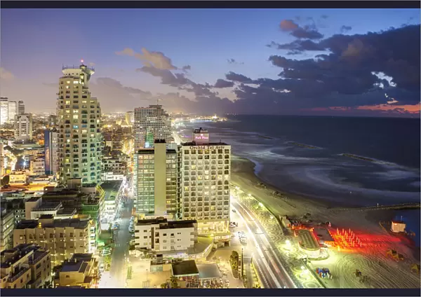 Israel, Tel Aviv, elevated dusk view of the downtown Tel Aviv commercial and residential