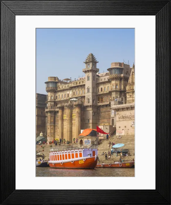Framed Print : India, Uttar Pradesh, Varanasi, View towards Brijrama Palace Hotel at Darbanga Ghat Framed Print : India, Uttar Pradesh, Varanasi, View towards Brijrama Palace Hotel at Darbanga Ghat