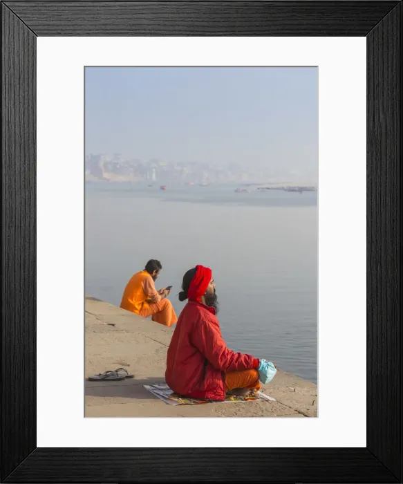 Framed Print : India, Uttar Pradesh, Varanasi, Holy men on banks of Ganges River Framed Print : India, Uttar Pradesh, Varanasi, Holy men on banks of Ganges River