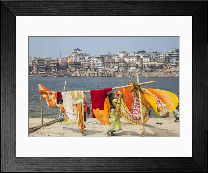 Framed Print : India, Uttar Pradesh, Varanasi, Hanging up washing on banks of Ganges river Framed Print : India, Uttar Pradesh, Varanasi, Hanging up washing on banks of Ganges river