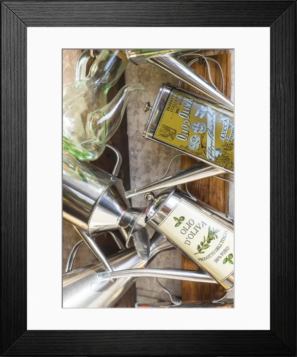 Framed Print : Olive oil containers, Tuscany, Italy Framed Print : Olive oil containers, Tuscany, Italy
