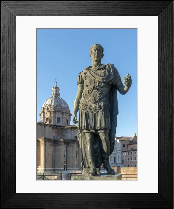 Framed Print : Italy, Lazio, Rome, Via dei Fori Imperiali, statue of Julius Caesar with Church of Framed Print : Italy, Lazio, Rome, Via dei Fori Imperiali, statue of Julius Caesar with Church of