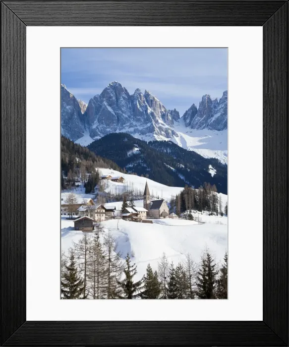 Framed Print : Winter landscape of St. Magdalena village and church, Geisler Spitzen (3060m), Val Framed Print : Winter landscape of St. Magdalena village and church, Geisler Spitzen (3060m), Val