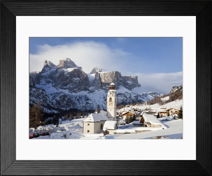 Framed Print : Church in Colfosco, Badia and Sella Massif range of Mountains, Dolomites, South Tirol