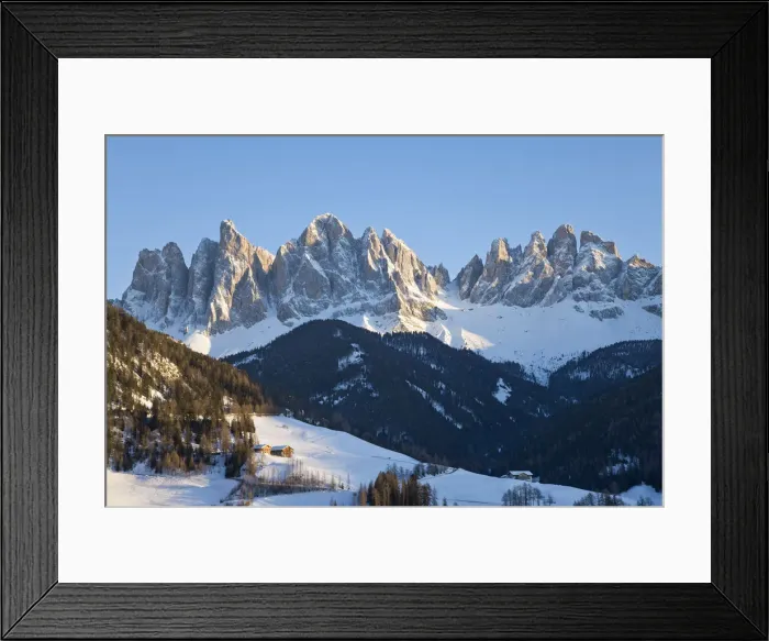Framed Print : Winter landscape of St. Magdalena village and church, Geisler Spitzen (3060m), Val Framed Print : Winter landscape of St. Magdalena village and church, Geisler Spitzen (3060m), Val