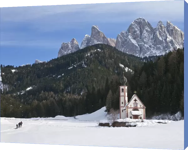Winter landscape of St Johann Church in Ranui in Villnoss, , Geisler Spitzen (3060m)