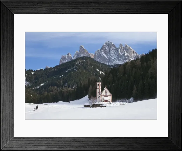 Framed Print : Winter landscape of St Johann Church in Ranui in Villnoss, , Geisler Spitzen (3060m)