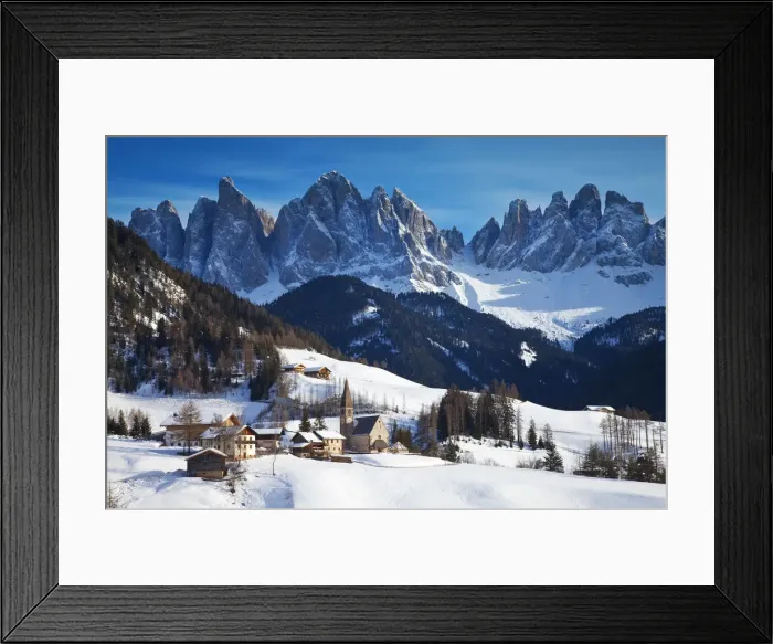 Framed Print : Winter landscape of St. Magdalena village and church, Geisler Spitzen (3060m), Val Framed Print : Winter landscape of St. Magdalena village and church, Geisler Spitzen (3060m), Val