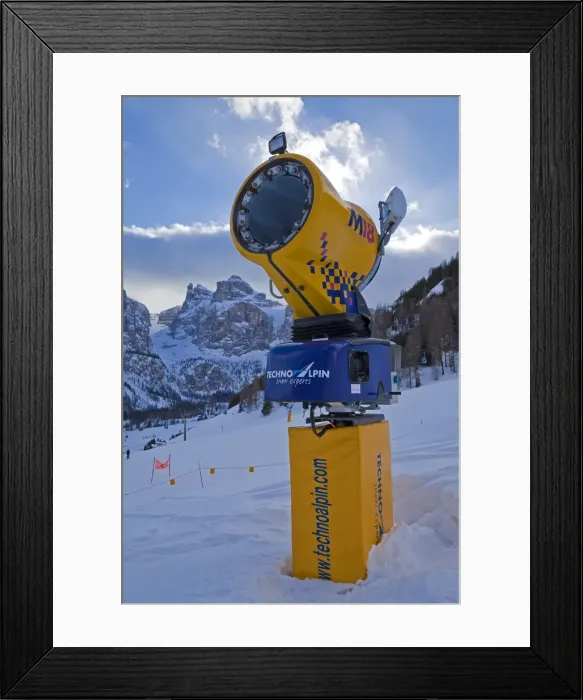 Framed Print : Snow Cannon on the slopes of Colfosco village in the Sella Ronda ski area, Val Gardena Framed Print : Snow Cannon on the slopes of Colfosco village in the Sella Ronda ski area, Val Gardena