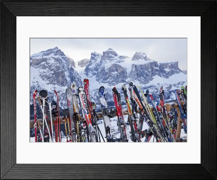 Framed Print : Ski rack outside a mountain restuarant above Colfosco village in the Sella Ronda ski area