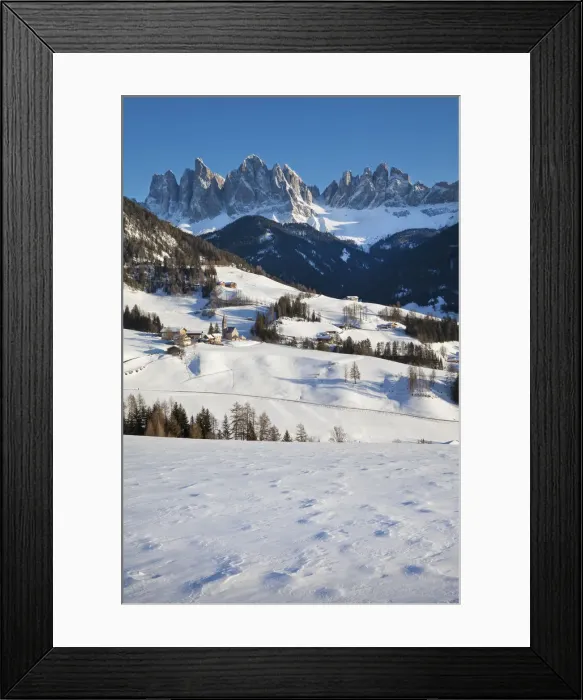 Framed Print : Winter landscape of St. Magdalena village and church, Geisler Spitzen (3060m), Val Framed Print : Winter landscape of St. Magdalena village and church, Geisler Spitzen (3060m), Val