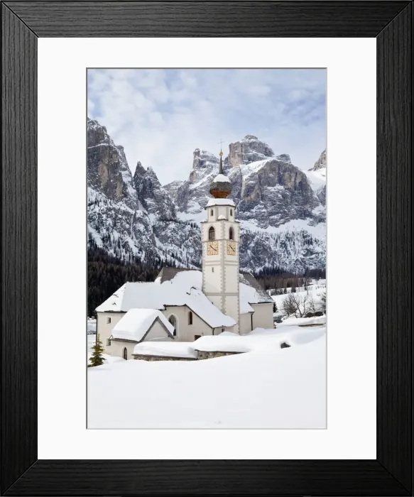 Framed Print : The church and village of Colfosco in Badia (1645m) and Sella Massif range of Mountains