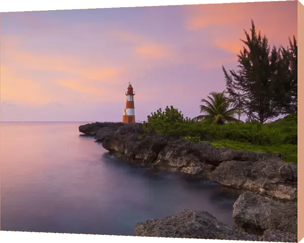 Folly Point Lighthouse Illuminated at Sunset, Port Antonio, Portland Parish, Jamaica