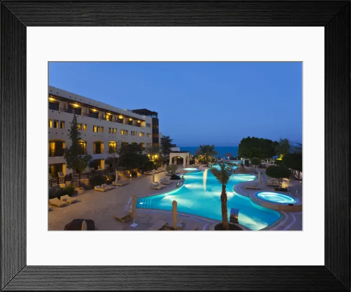 Framed Print : Jordan, Dead Sea, Suweimah, swimming pool at the Marriott Hotel, dawn