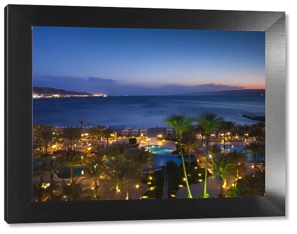 Jordan, Aqaba, elevated view of the Red Sea and hotel swimming pool