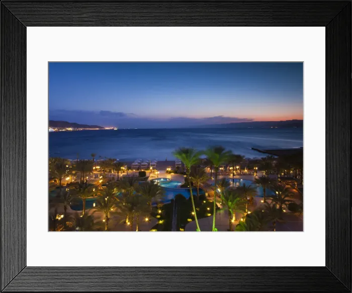 Framed Print : Jordan, Aqaba, elevated view of the Red Sea and hotel swimming pool Framed Print : Jordan, Aqaba, elevated view of the Red Sea and hotel swimming pool