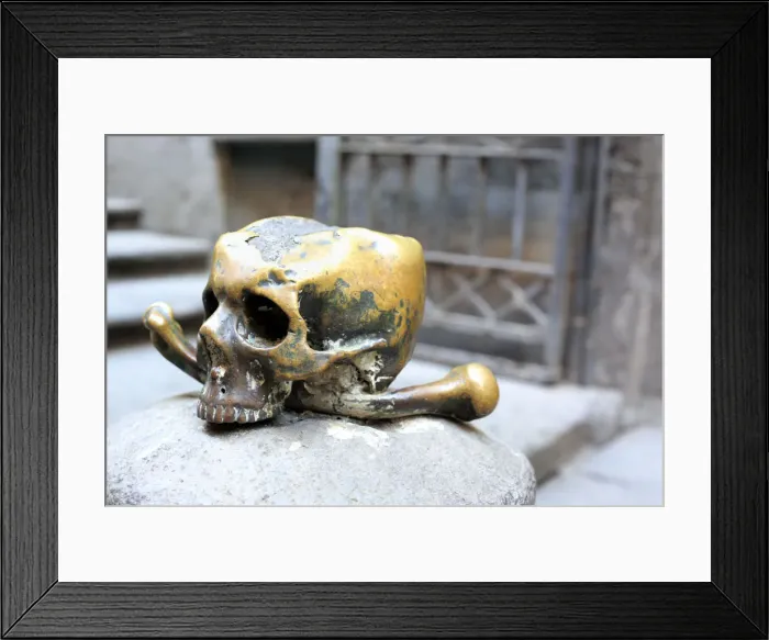 Framed Print : Bronze scull and bones sculpture, outside Santa Maria delle Anime del Purgatorio ad Framed Print : Bronze scull and bones sculpture, outside Santa Maria delle Anime del Purgatorio ad
