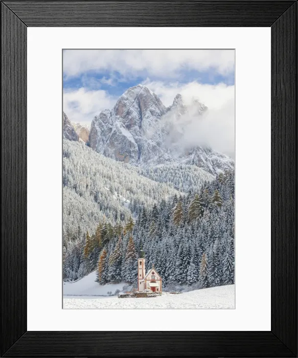 Framed Print : Snow, winter, St Johann Church, Val di Funes, Dolomites, Italy