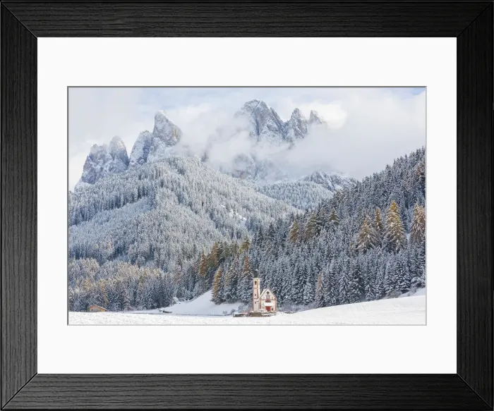 Framed Print : Snow, winter, St Johann Church, Val di Funes, Dolomites, Italy Framed Print : Snow, winter, St Johann Church, Val di Funes, Dolomites, Italy