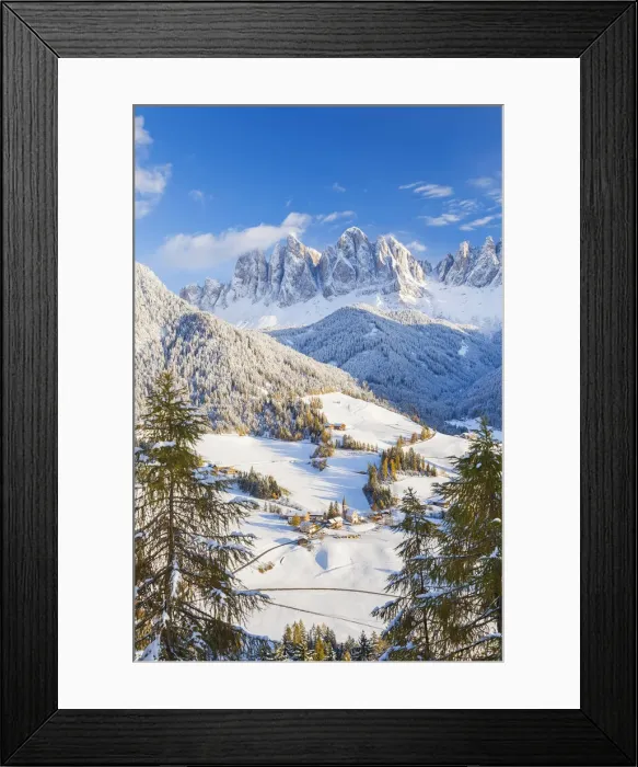Framed Print : Winter snow; St. Magdalena village; Geisler Spitzen (3060m); Val di Funes; Dolomites Framed Print : Winter snow; St. Magdalena village; Geisler Spitzen (3060m); Val di Funes; Dolomites