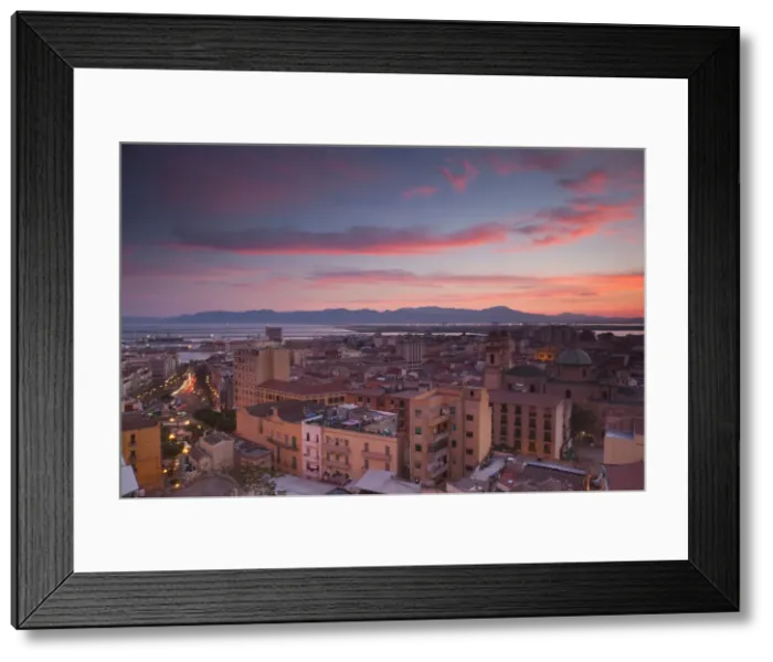 Framed Print : Italy, Sardinia, Cagliari, Stampace district and Chiesa de Sant Anna church, dusk