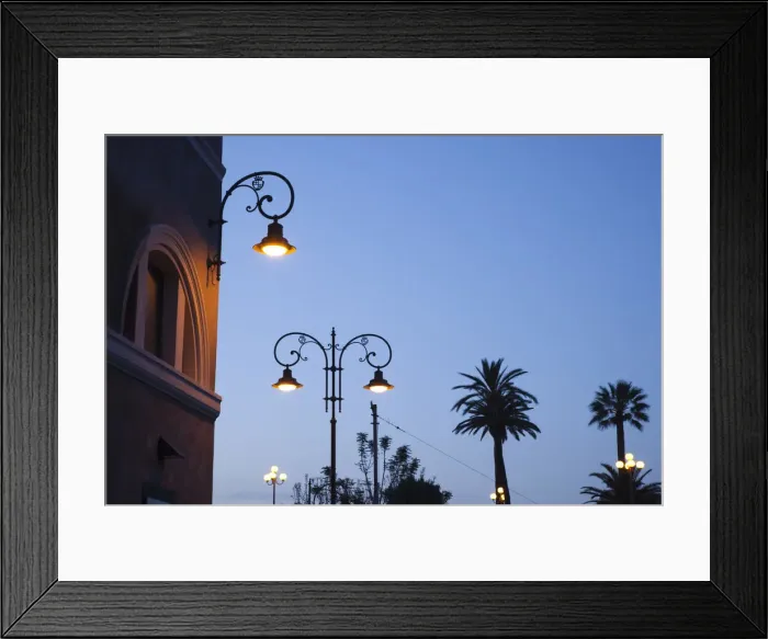 Framed Print : Italy, Sardinia, Cagliari, Il Castello Old Town, streetlights at Bastione San Remy, dawn
