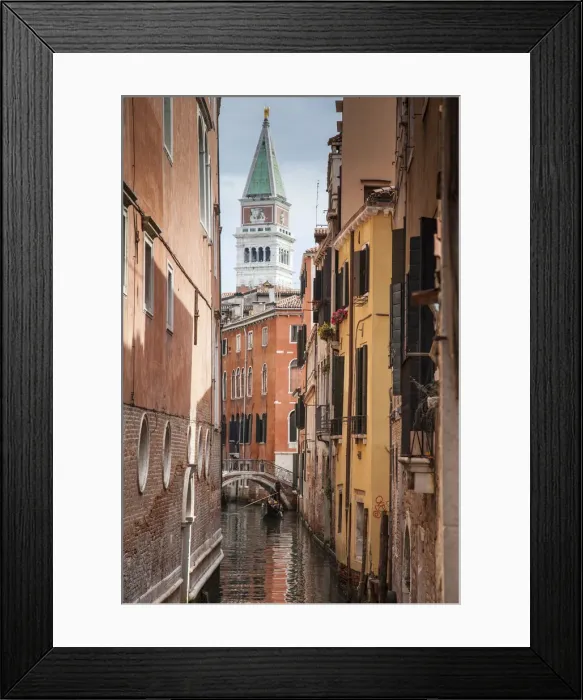 Framed Print : Campanile and gondola on canal in Venice, Italy