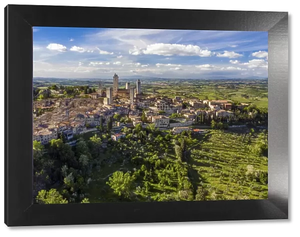 Italy, Tuscany, Val d Elsa. Aerial view of the medieval village of San Gimignano