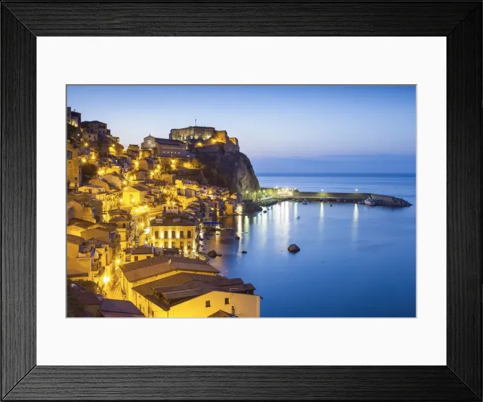 Framed Print : Town View at dusk, with Castello Ruffo, Scilla, Calabria, Italy Framed Print : Town View at dusk, with Castello Ruffo, Scilla, Calabria, Italy