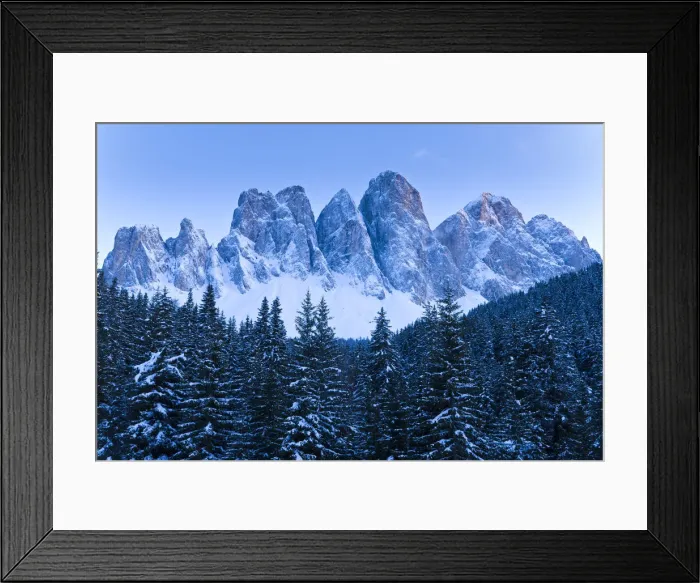 Framed Print : Winter landscape, Le Odle Group, Geisler Spitzen (3060m), Val di Funes, Italian Dolomites Framed Print : Winter landscape, Le Odle Group, Geisler Spitzen (3060m), Val di Funes, Italian Dolomites