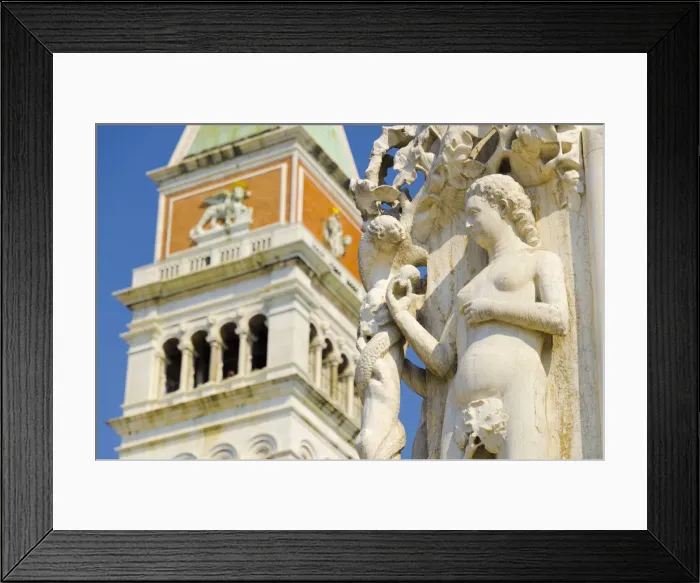 Framed Print : Italy, Veneto, Venice, The Campanile (Bell Tower) and carving on corner of Doges Framed Print : Italy, Veneto, Venice, The Campanile (Bell Tower) and carving on corner of Doges