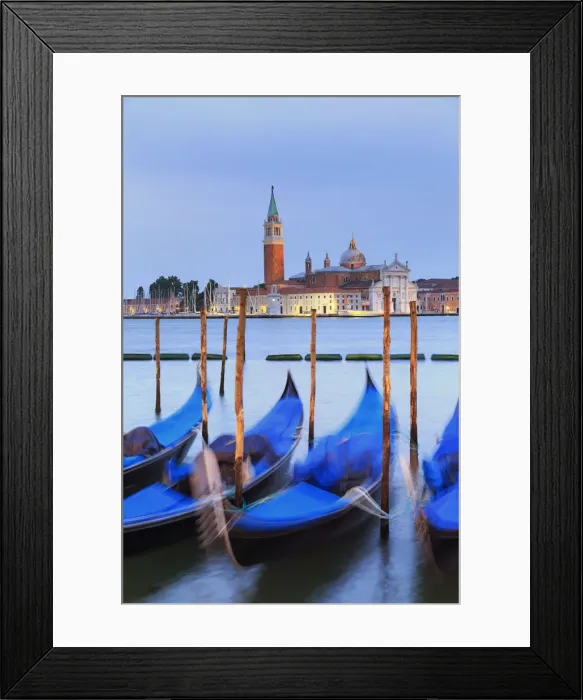 Framed Print : Italy, Veneto, Venice, Sestiere of San Marco, Moored gondolas with San Giorgio Maggiore