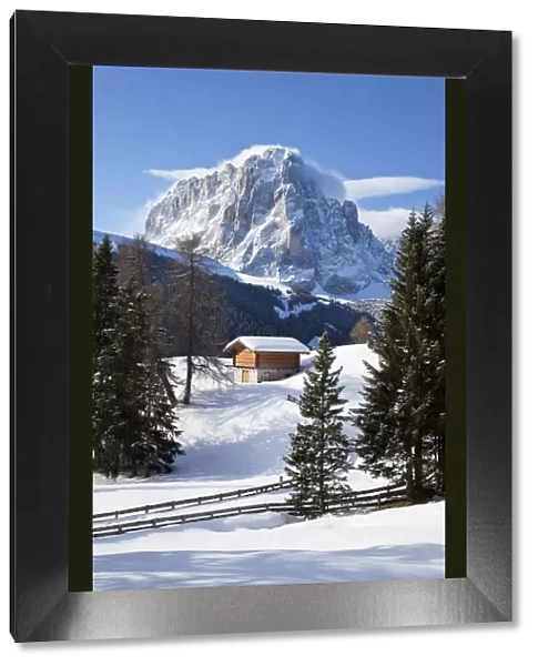 Hut in front of Sassolungo mountain (3181m), Val Gardena, Dolomites, South Tirol