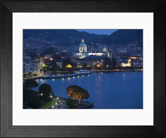 Framed Print : Italy, Lombardy, Lakes Region, Lake Como, Como, city view from Bellagio road, evening Framed Print : Italy, Lombardy, Lakes Region, Lake Como, Como, city view from Bellagio road, evening