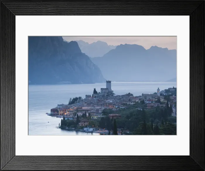 Framed Print : Italy, Veneto, Lake District, Lake Garda, Malcesine, aerial town view