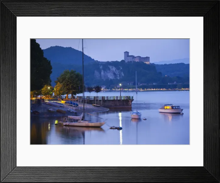 Framed Print : Italy, Piedmont, Lake Maggiore, Arona, lakefront view with La Rocca fortress in Angera Framed Print : Italy, Piedmont, Lake Maggiore, Arona, lakefront view with La Rocca fortress in Angera