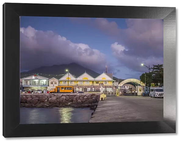 St. Kitts and Nevis, Nevis, Charlestown, waterfront buildings, dusk