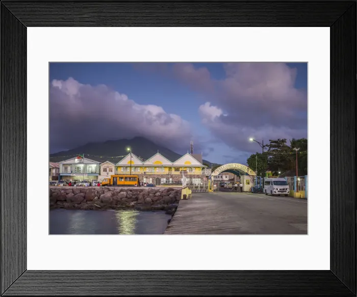 Framed Print : St. Kitts and Nevis, Nevis, Charlestown, waterfront buildings, dusk Framed Print : St. Kitts and Nevis, Nevis, Charlestown, waterfront buildings, dusk