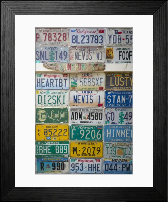 Framed Print : St. Kitts and Nevis, Nevis, Pinneys Beach, license plates Framed Print : St. Kitts and Nevis, Nevis, Pinneys Beach, license plates