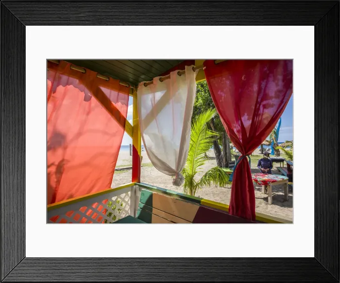 Framed Print : St. Kitts and Nevis, Nevis, Pinneys Beach, beach lounge with curtains Framed Print : St. Kitts and Nevis, Nevis, Pinneys Beach, beach lounge with curtains