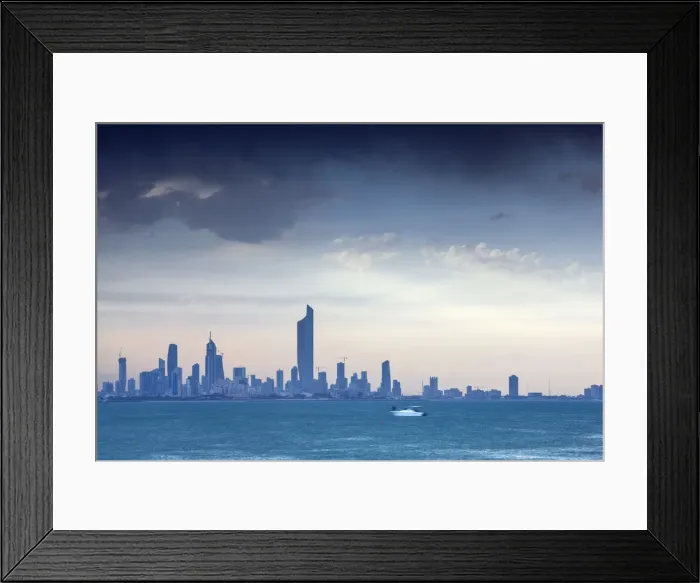 Framed Print : Kuwait, Kuwait City, Salmiya, Arabian Gulf and City skyline looking towards Al Hamra Framed Print : Kuwait, Kuwait City, Salmiya, Arabian Gulf and City skyline looking towards Al Hamra