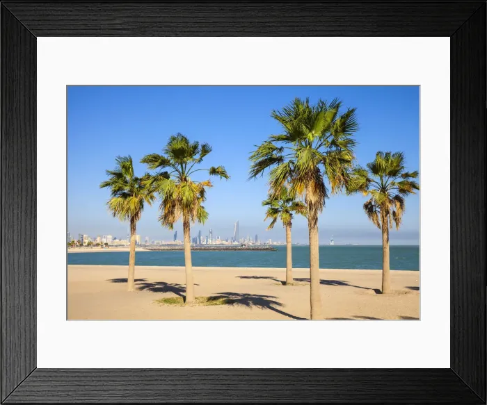 Framed Print : Kuwait, Kuwait City, Salmiya, Palm beach with city skyline in background Framed Print : Kuwait, Kuwait City, Salmiya, Palm beach with city skyline in background